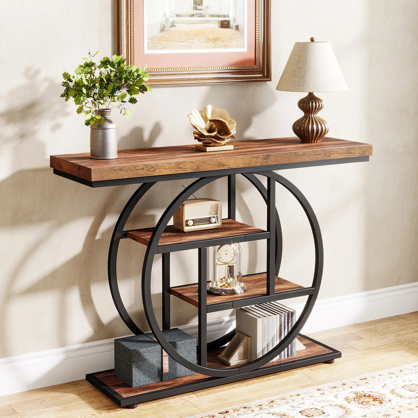 Industrial Console Table With Four Tier Shelves For Entryway