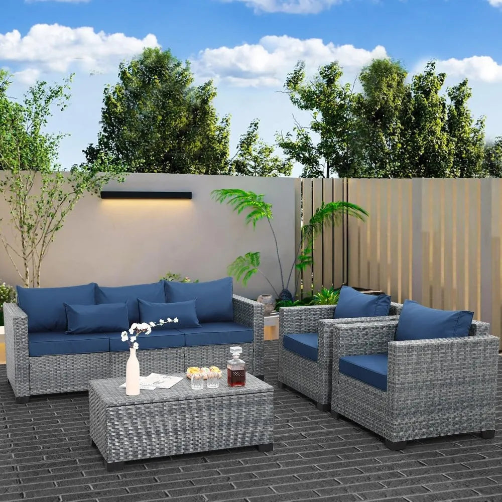 All Weather Wicker Patio Set With Storage Table And Cushions