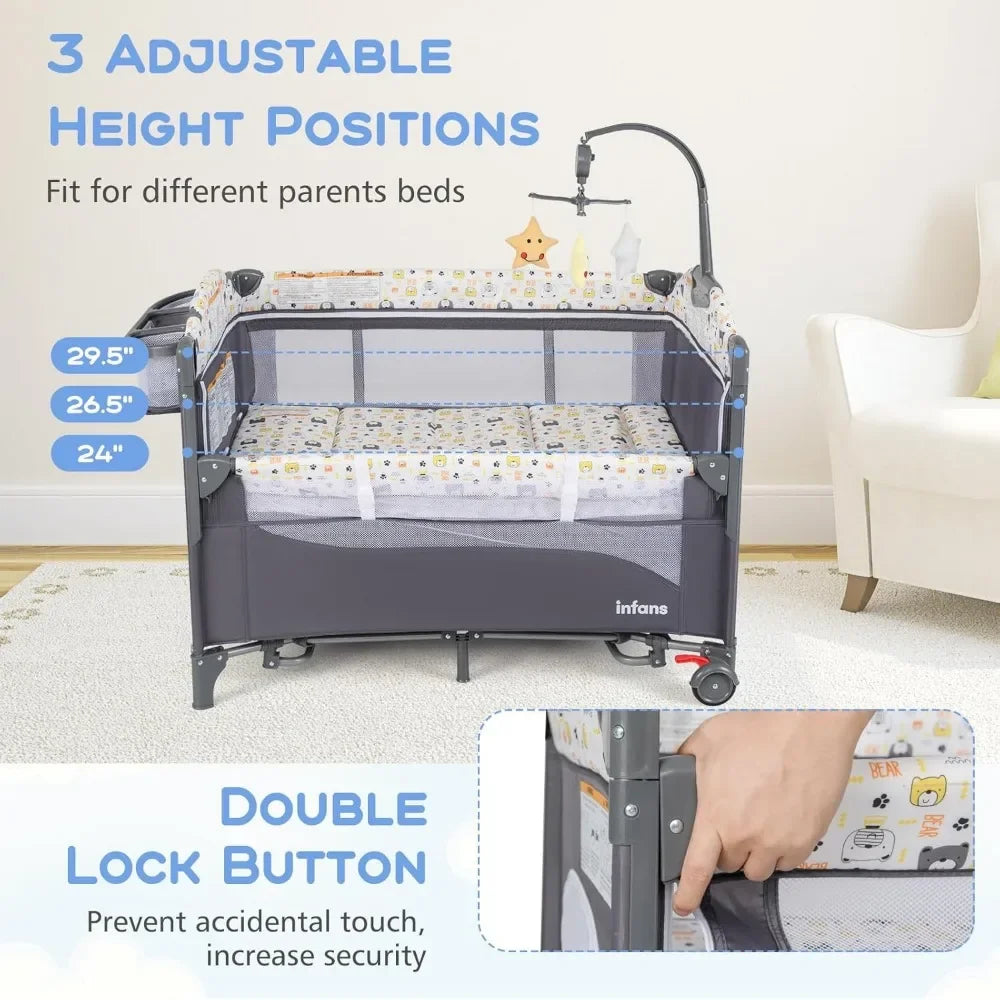 5 in 1 Baby Bedside Sleeper with Bassinet Diaper Changer Mattress Carry Bag and Music Box Hanging Toys Bear