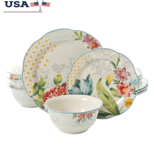 Floral Pattern Ceramic Dinnerware Set Stoneware Dishwasher Microwave Safe