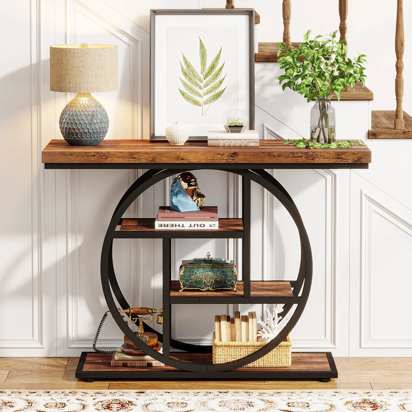 Industrial Console Table With Four Tier Shelves For Entryway