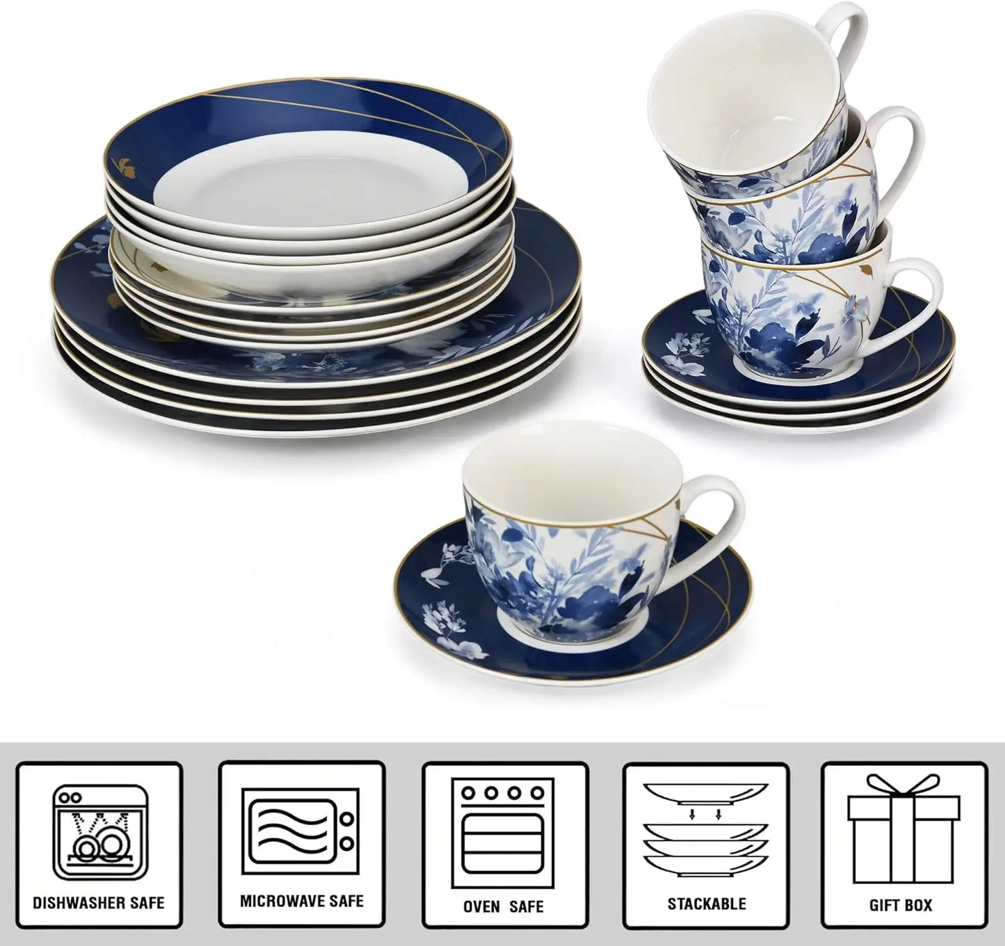 Bone China Dinnerware Set for Four with Reactive Glaze and Chip Resistant Oven Safe