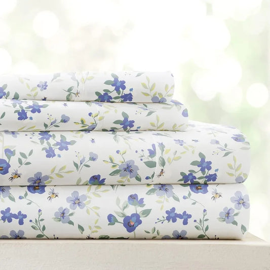 4 Piece Queen Sheet Set Light Blue Floral Ultra Soft Cooling Bed Sheets