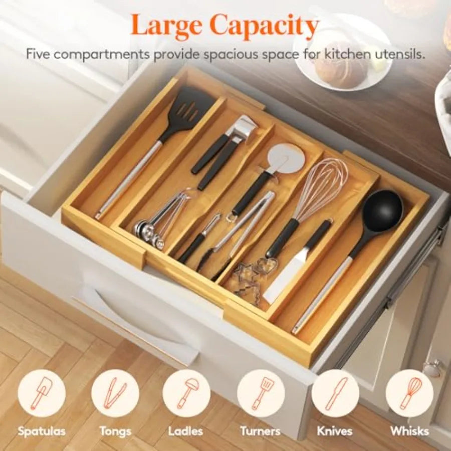 Expandable Bamboo Utensil Organizer for Kitchen Drawer Storage