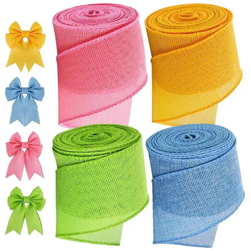 Four Roll Burlap Wired Ribbon for DIY Gifts Wrapping