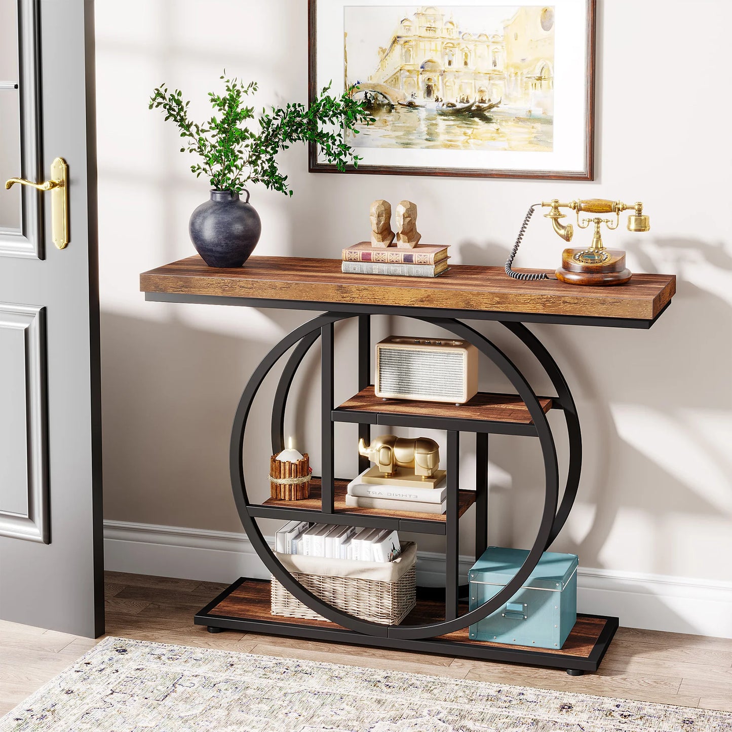 Industrial Console Table With Four Tier Shelves For Entryway