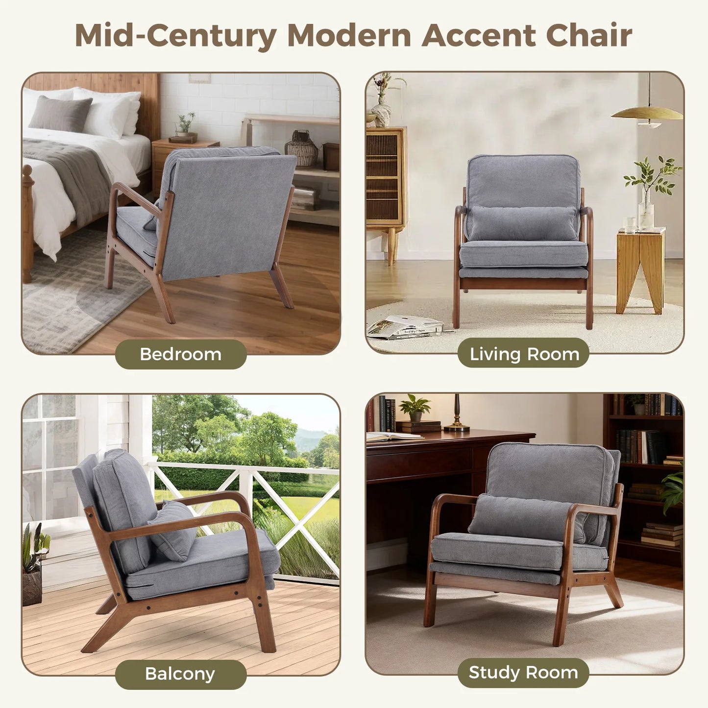 JHK Mid Century Modern Wooden Frame Accent Chair With Arms
