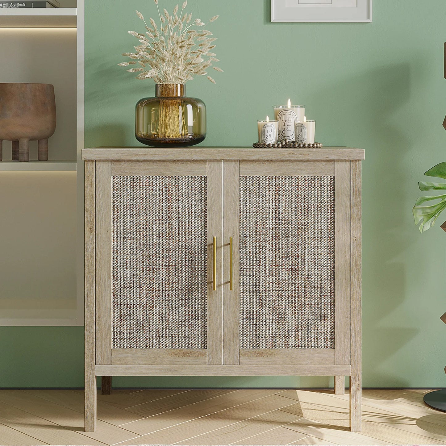 Rattan Storage Buffet Sideboard With Decorated Doors For Living Room