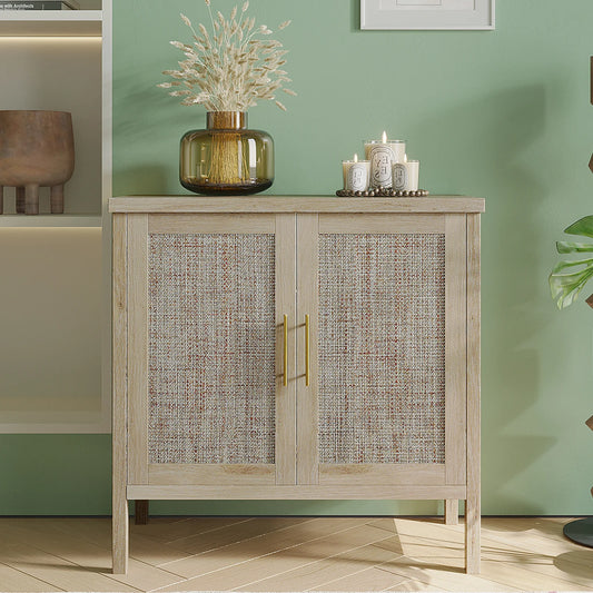 Rattan Storage Buffet Sideboard With Decorated Doors For Living Room