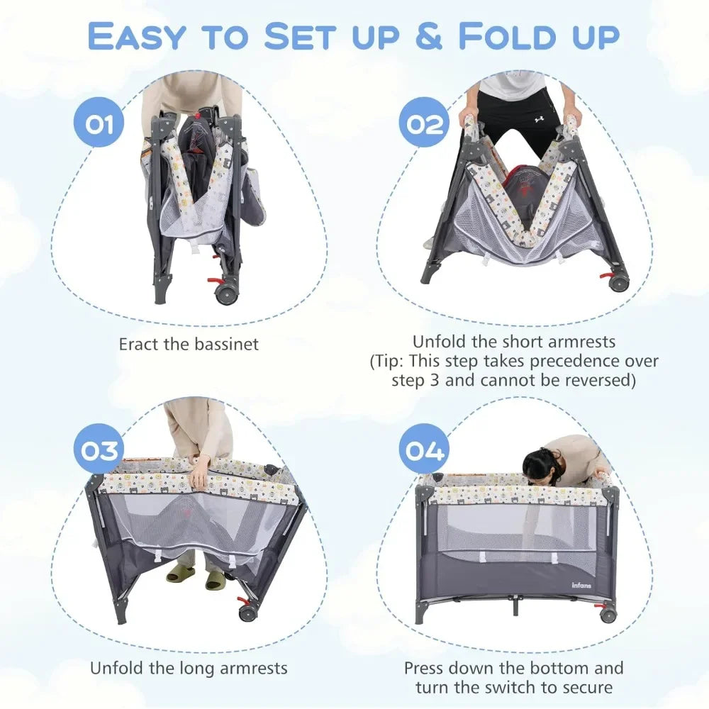 5 in 1 Baby Bedside Sleeper with Bassinet Diaper Changer Mattress Carry Bag and Music Box Hanging Toys Bear