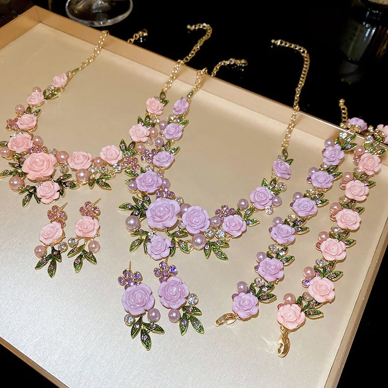 Romantic Rose Jewelry Set Necklace Bracelet Earrings For Women Fashion