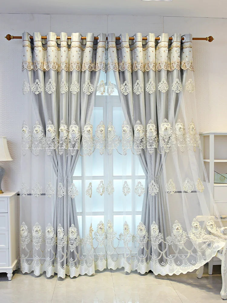 Elegant Double Layer Curtains With 3D Embroidered Detailing