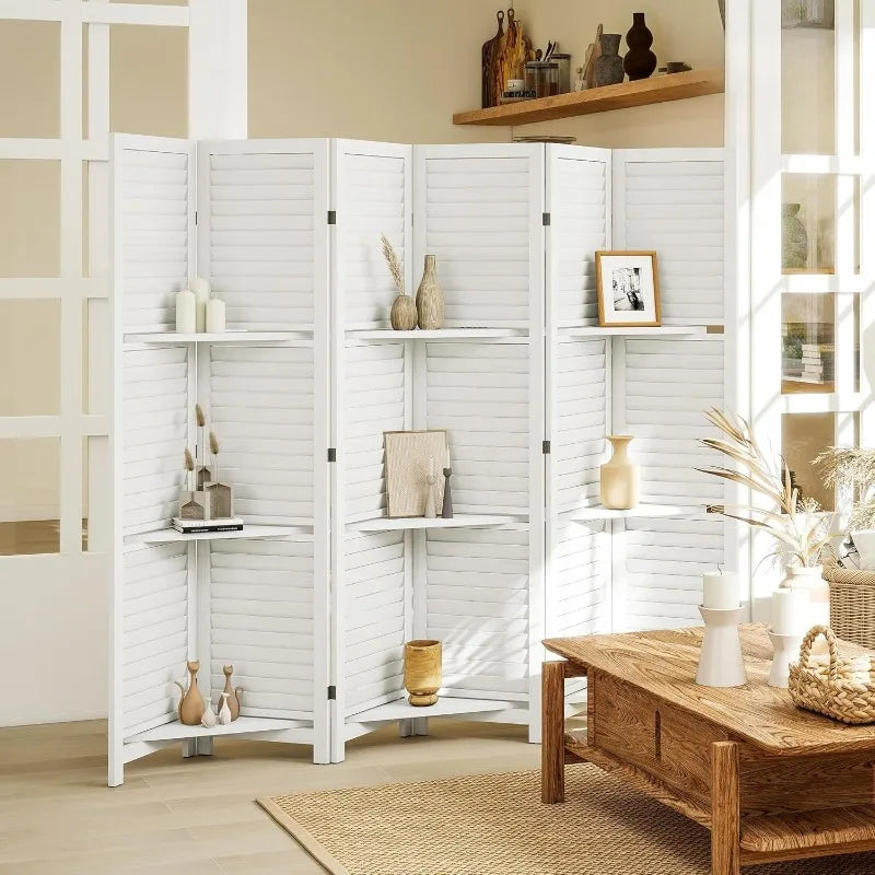 Room Divider 6 Panel Wood Privacy Screen With Display Shelves Folding Storage