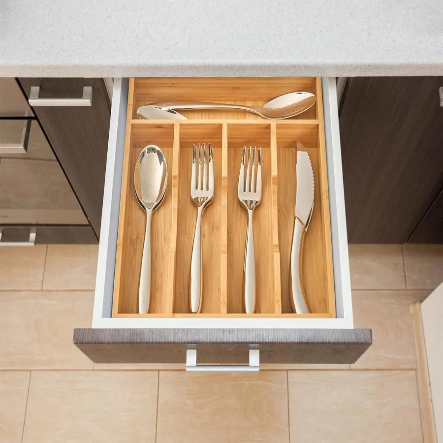 Bamboo Kitchen Drawer Organizer for Utensils and Cutlery Storage