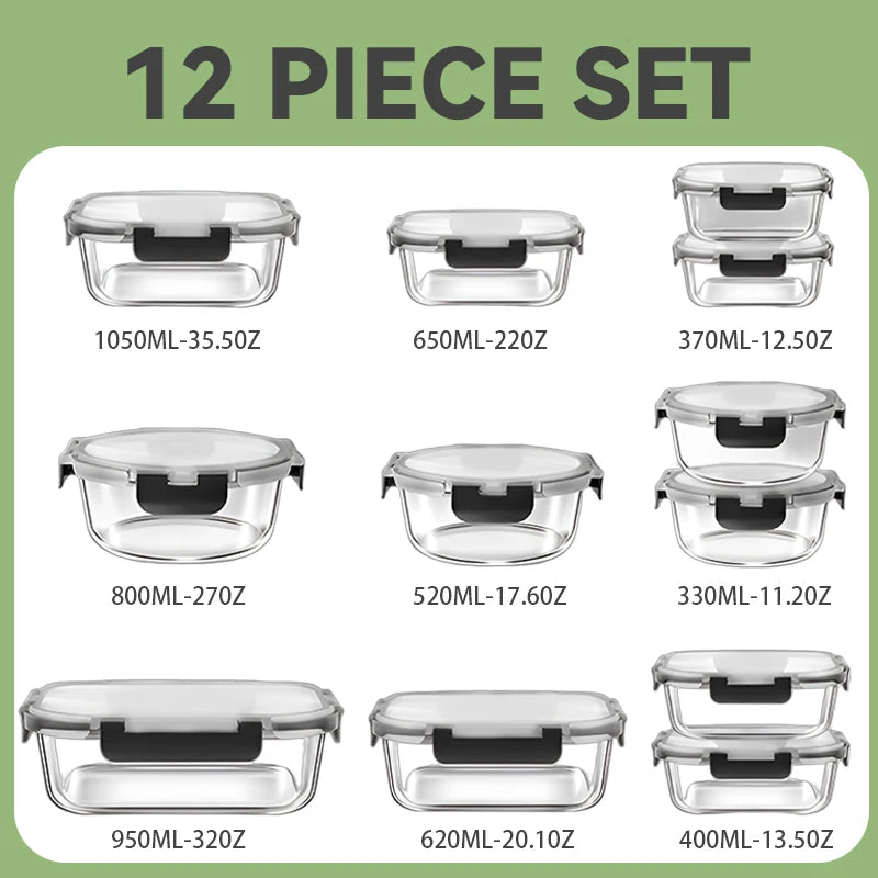 Glass Lunch Box Set 12 Pcs Airtight Meal Prep Containers