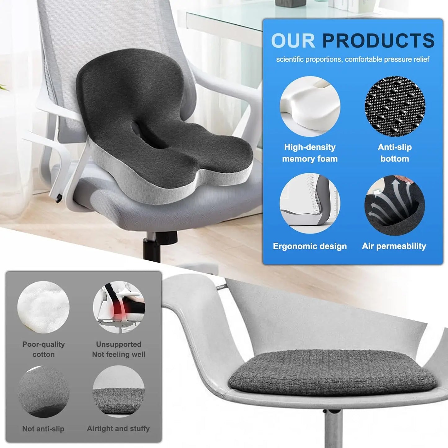Memory Foam Seat Cushion With Backrest For Office Chair