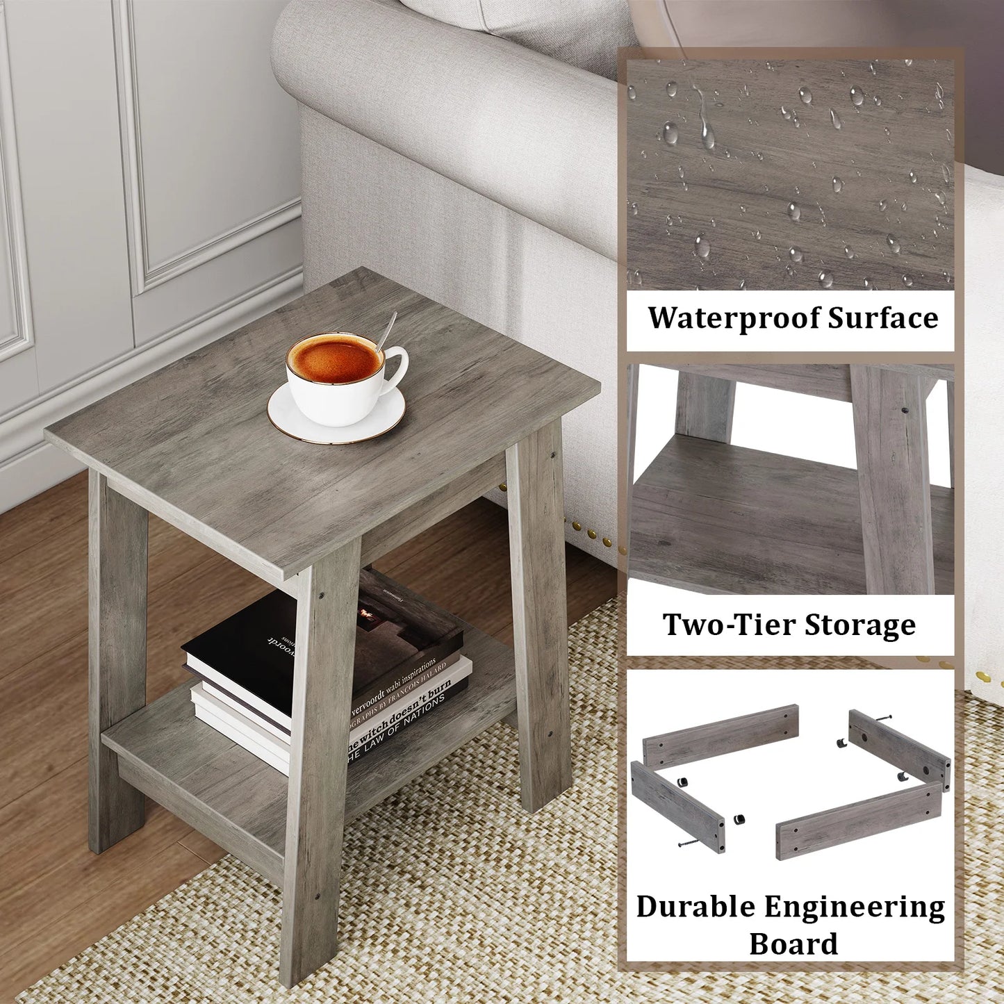 Wooden End Table And Nightstand With Two Tier Storage Shelf