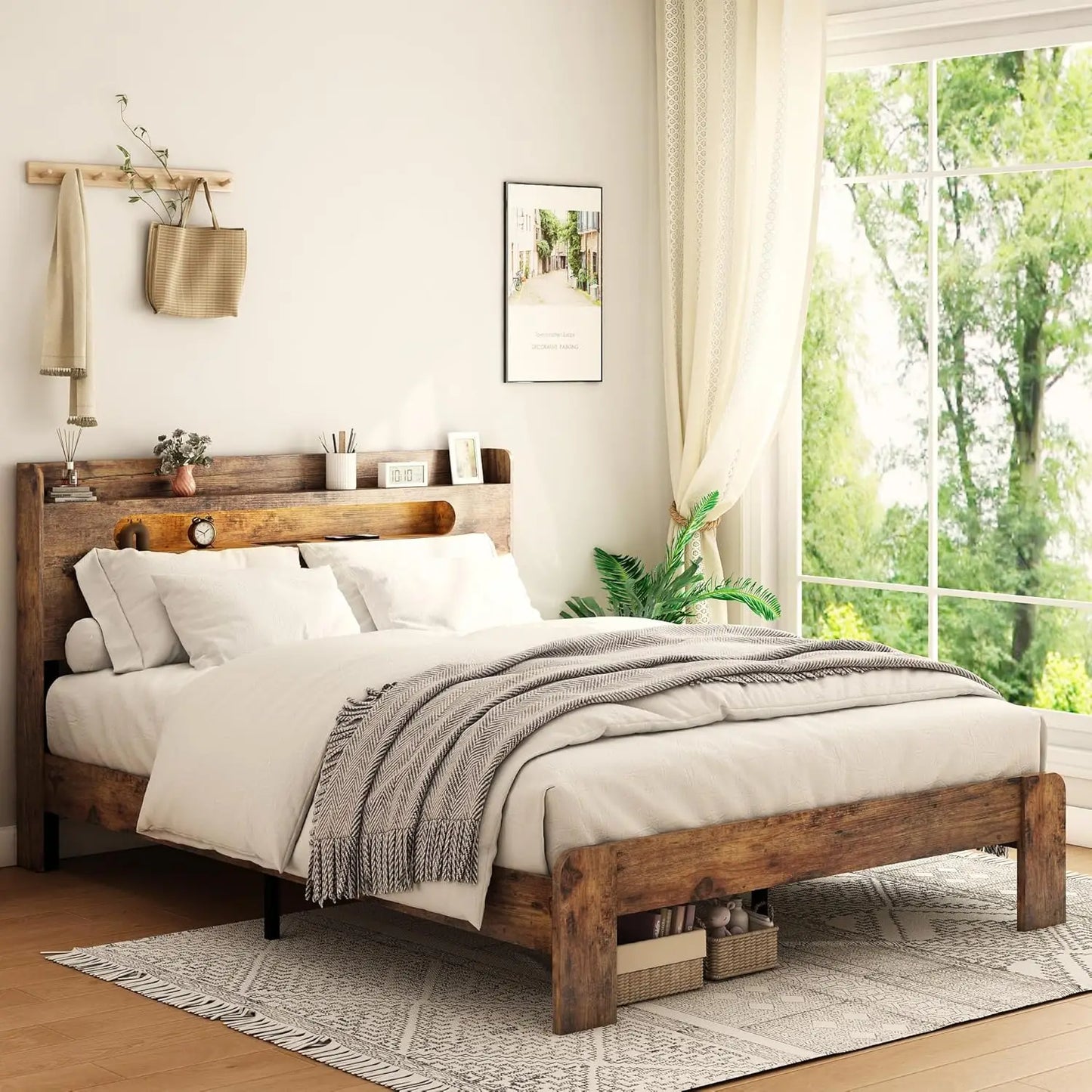 Wooden Storage Bed Frame With Headboard And Charging Station