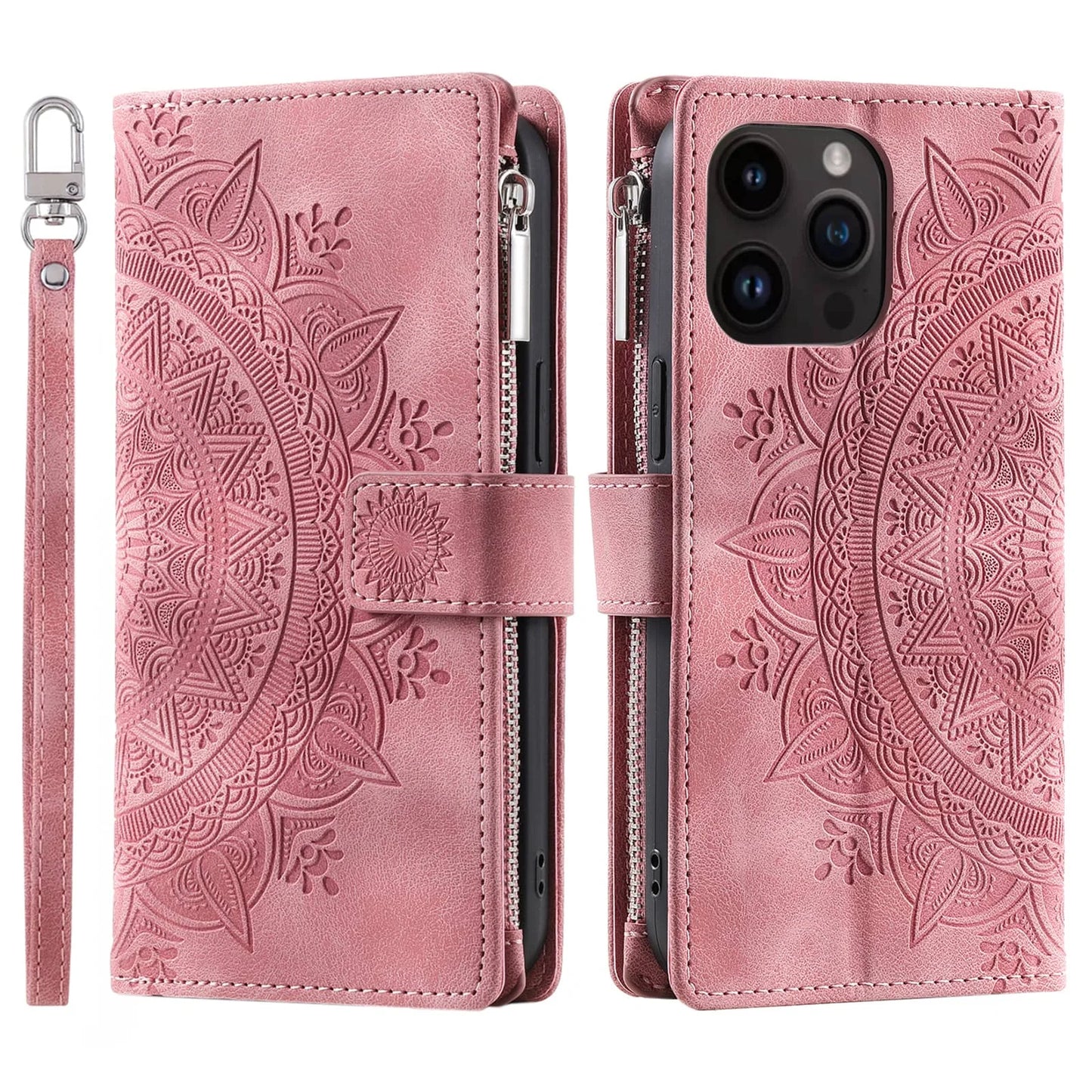 iPhone Wallet Case With Zipper Card Holder And Strap