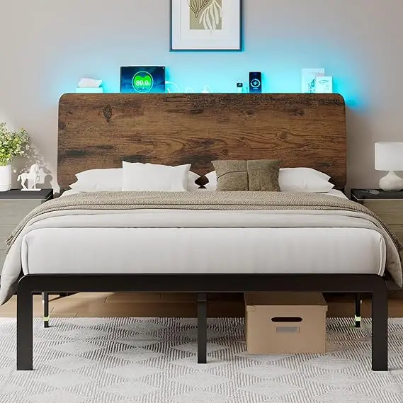 Bed Frame Storage Headboard LED Platform Charging Station
