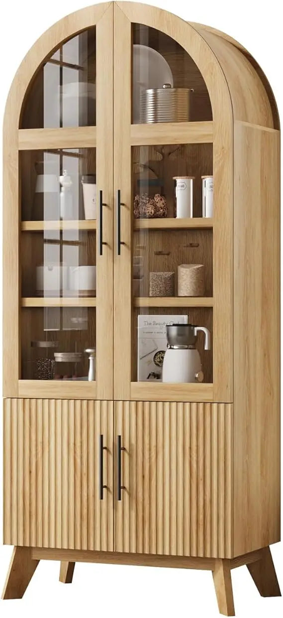 Modern Fluted Glass Door Pantry Cabinet Adjustable Shelves