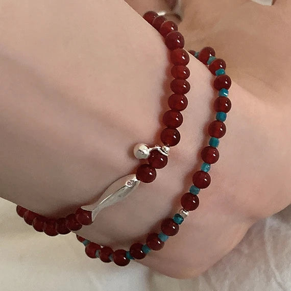 Real 925 Sterling Silver Agate Bead Fish Charm Bracelet