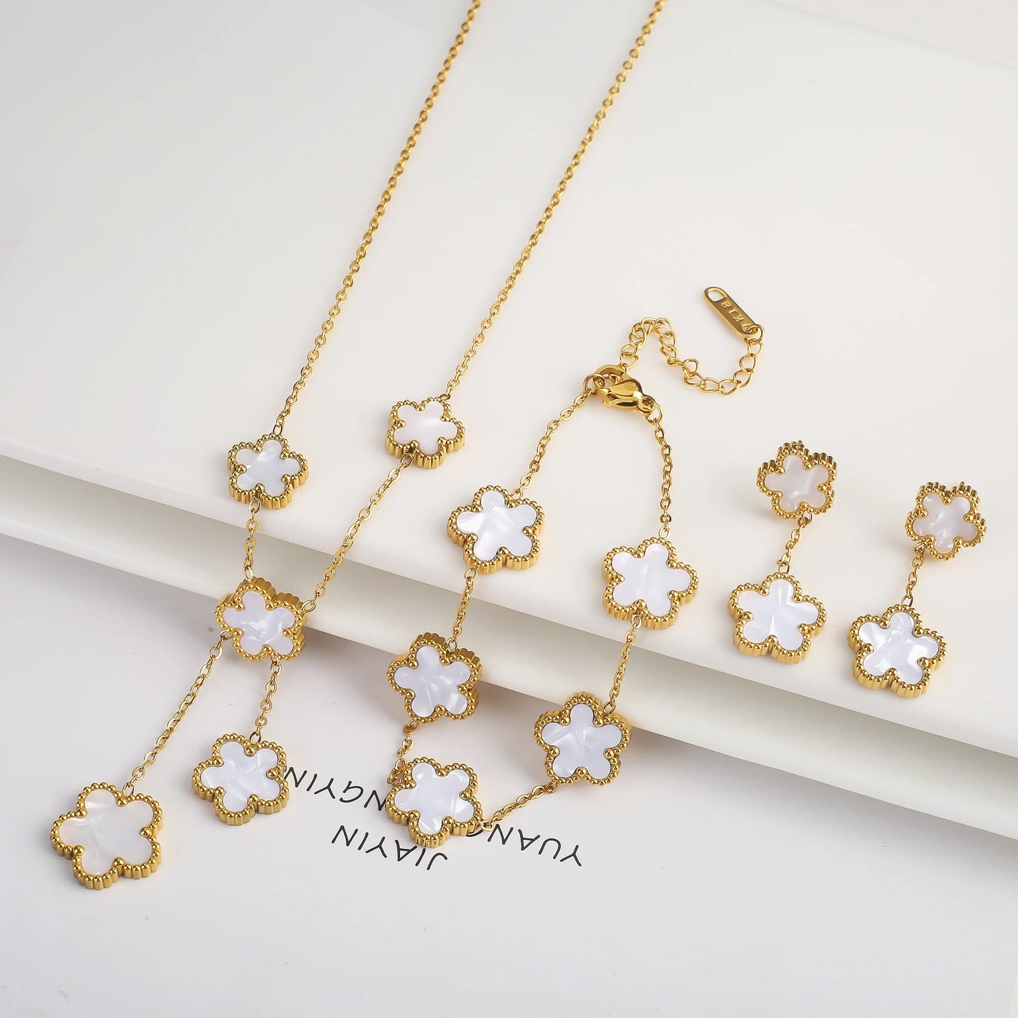 NONED Five-Leaf Clover Jewelry Set Necklace Earrings Bracelet