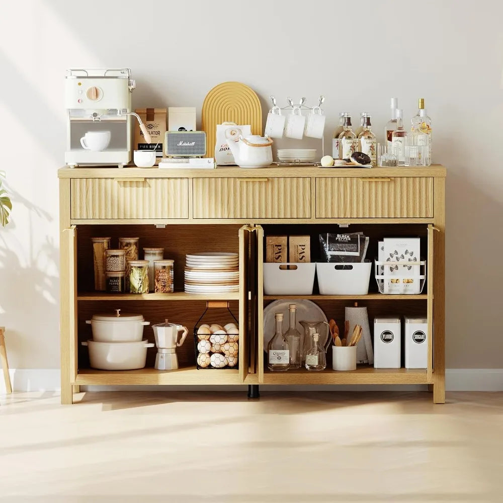 Fluted Buffet Sideboard With Drawers For Home Bar Storage