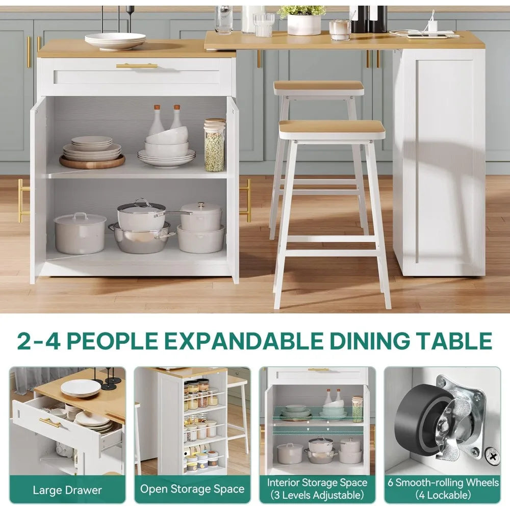 Modern Kitchen Island With Extendable Dining Table And Rolling Storage
