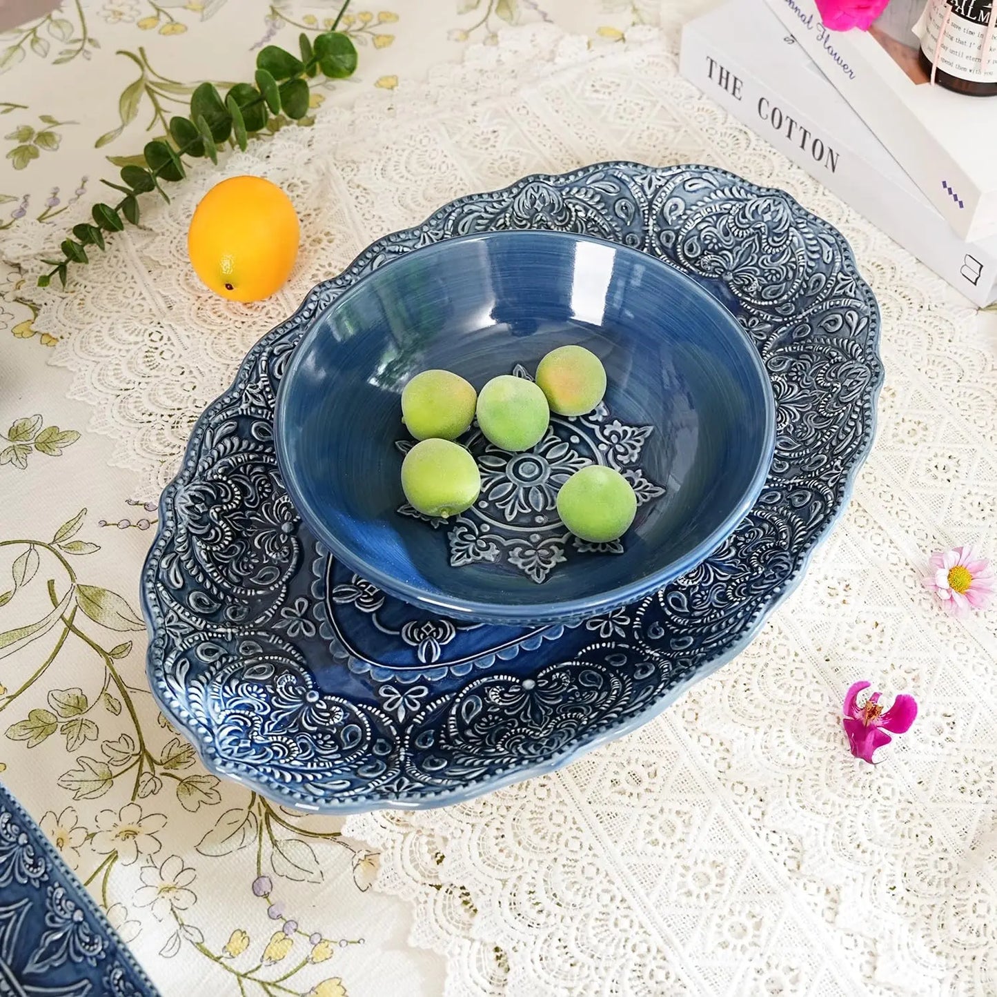 Embossed Stoneware Dinnerware Baroque Serving Platter Set