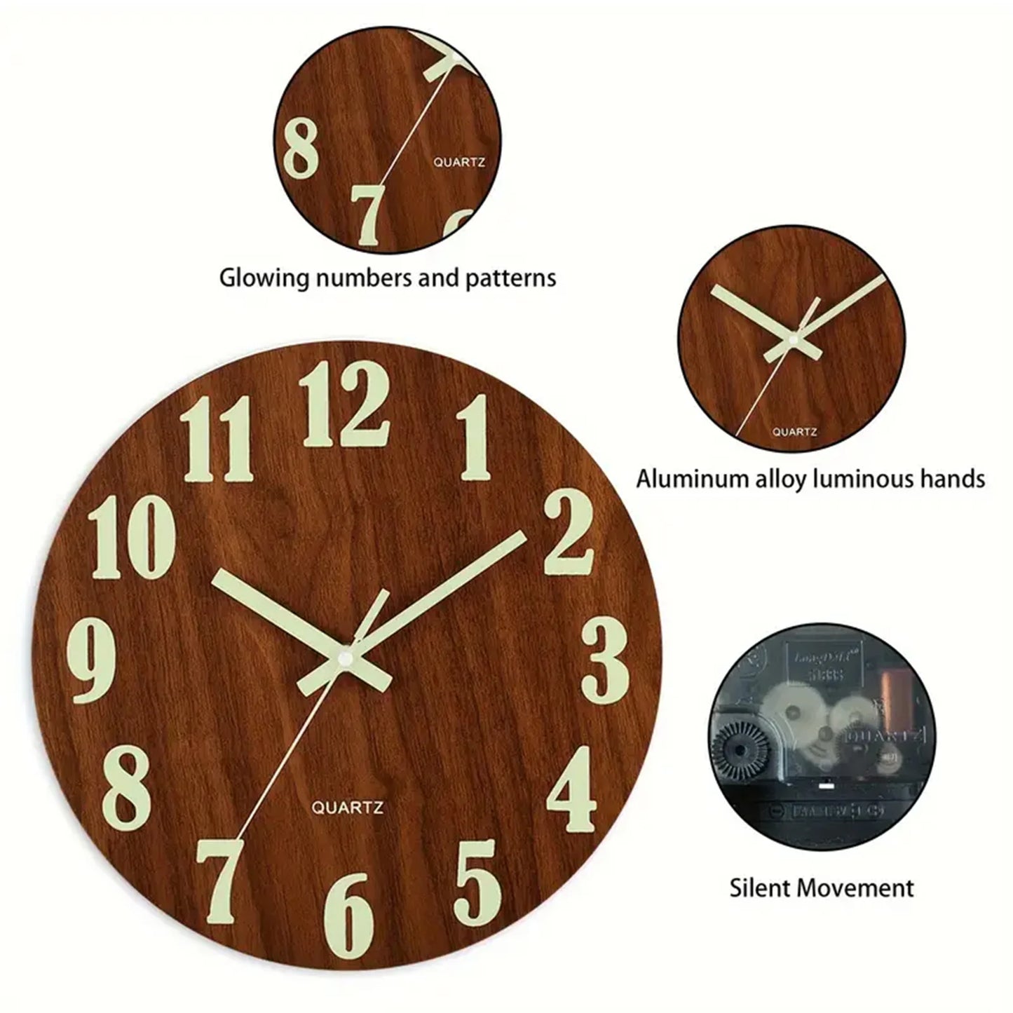 Glow In The Dark Wooden Wall Clock Silent Non Ticking