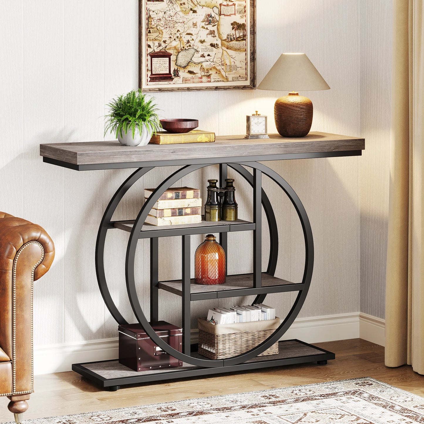 Industrial Console Table With Four Tier Shelves For Entryway