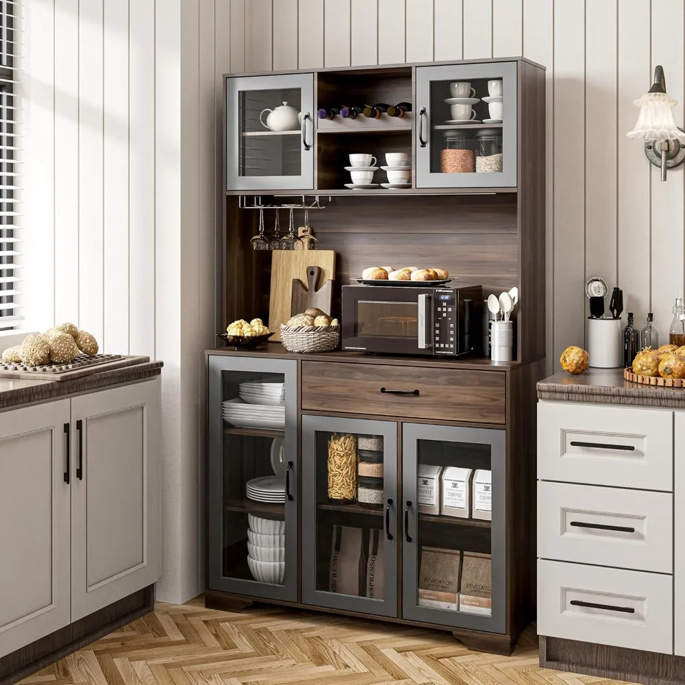 Rustic Coffee Bar Cabinet with Power Outlet and LED Lights