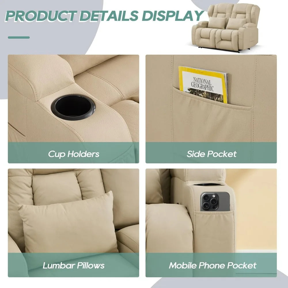 Manual Recliner Loveseat RV Sofa Home Theater Seating Cup Holder