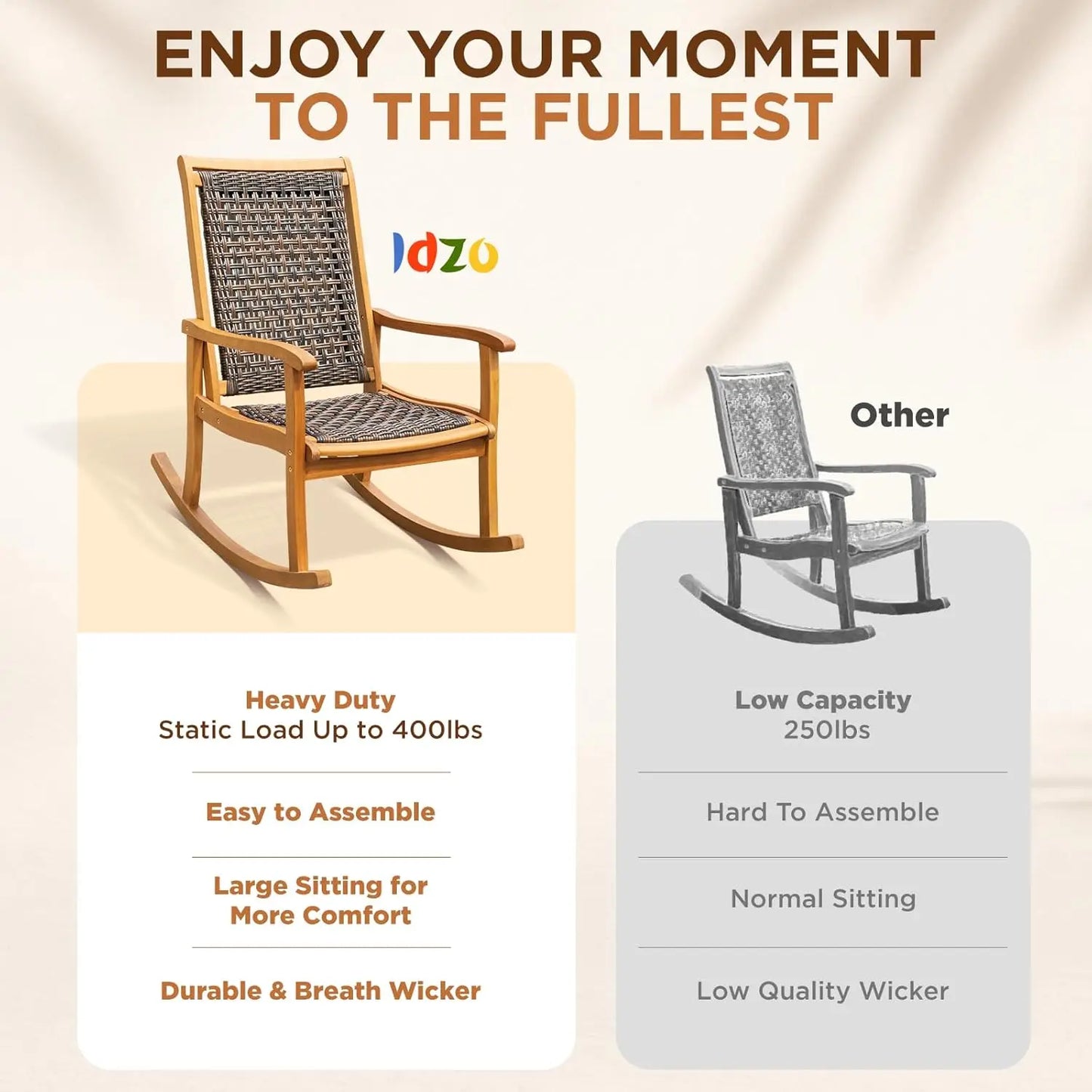 Durable Eucalyptus Wood Rocking Chair With Wicker Comfort For Patio