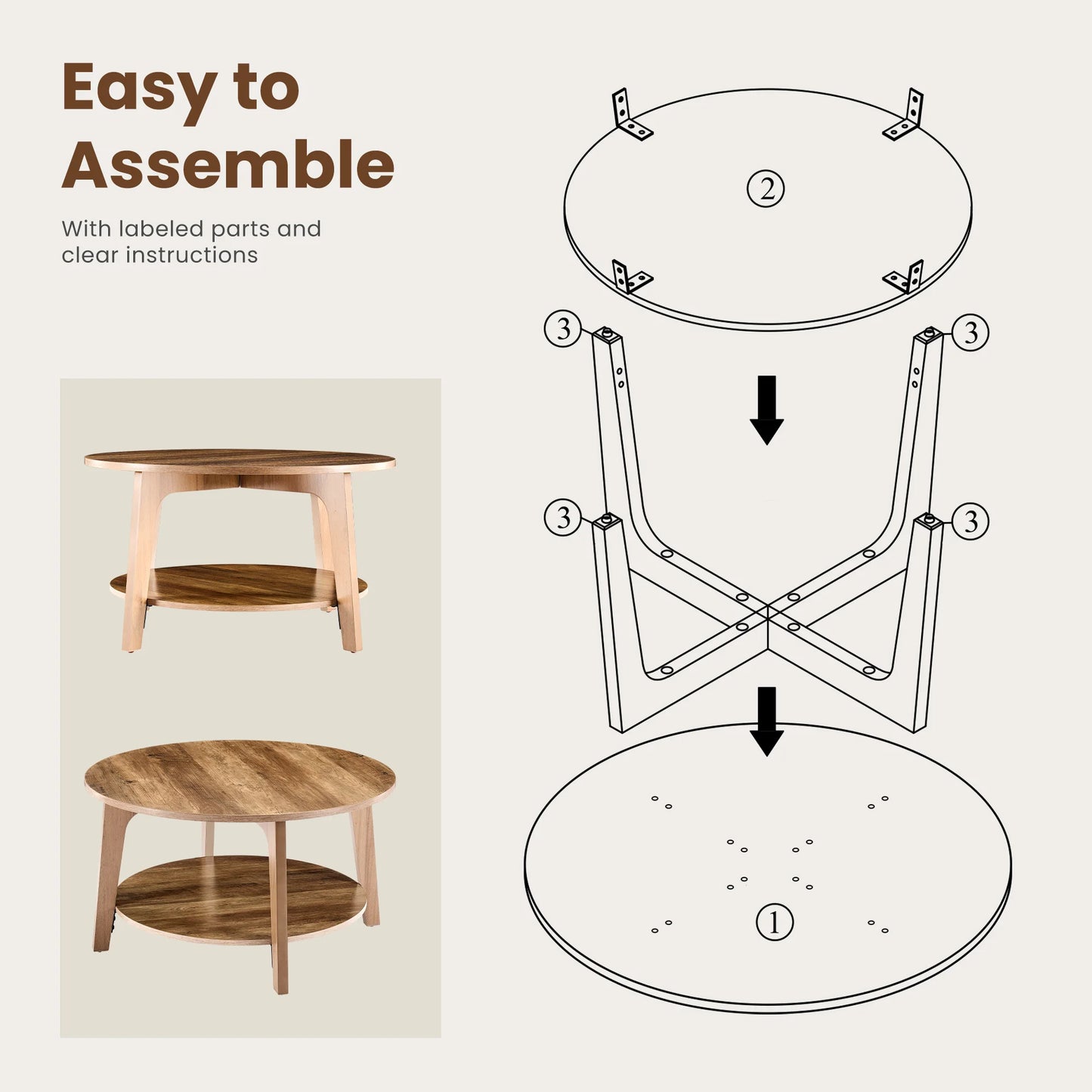 JHK Round Wood Coffee Table With Storage And Modern Design