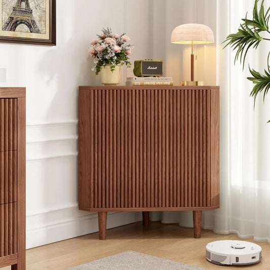 Fluted Floor Corner Cabinet With Door For Living Room Storage