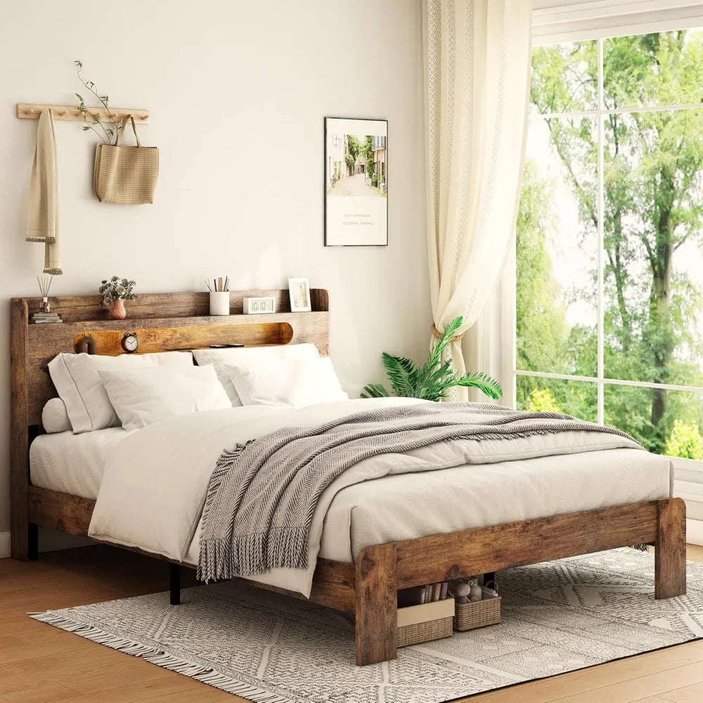 Wooden Storage Bed Frame With Headboard And Charging Station
