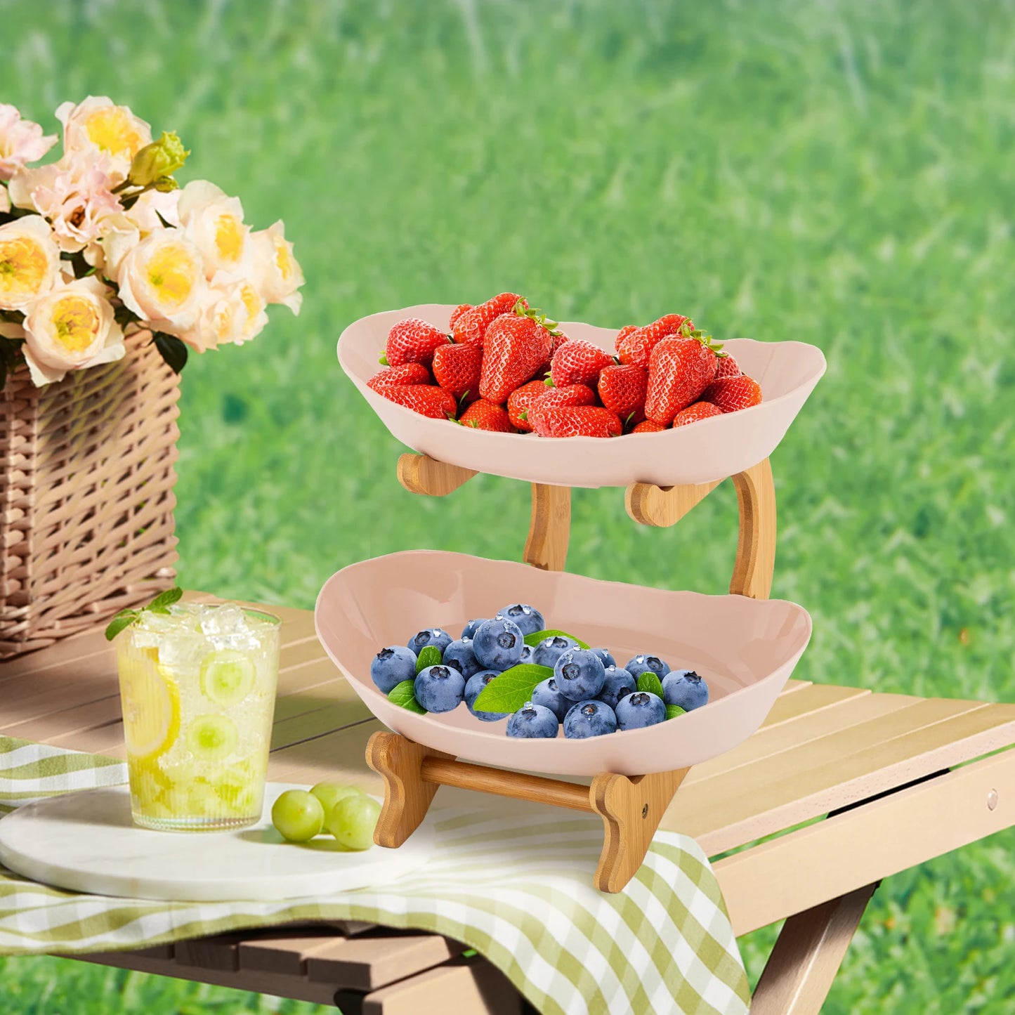 Two Tier Bamboo Fruit Bowl Stand For Fresh Kitchen Display