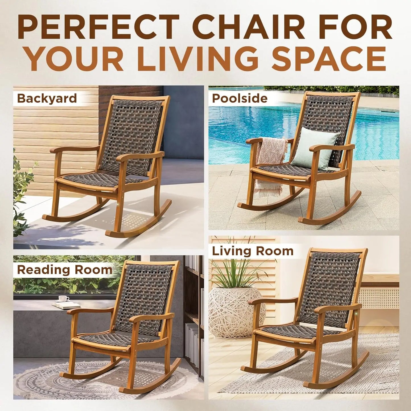 Durable Eucalyptus Wood Rocking Chair With Wicker Comfort For Patio