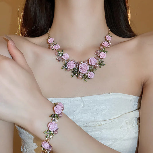 Romantic Rose Jewelry Set Necklace Bracelet Earrings For Women Fashion