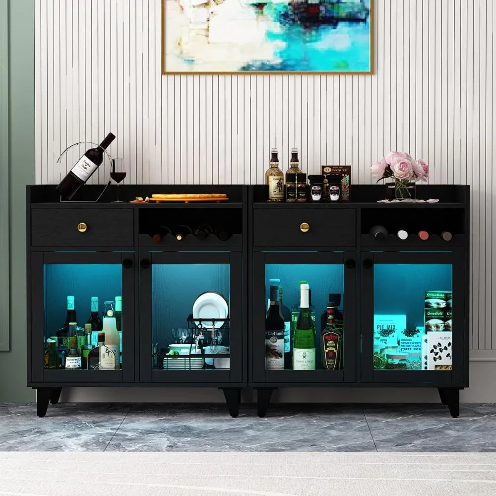 Wine Cabinet With Glass Doors And LED Lighting For Bar