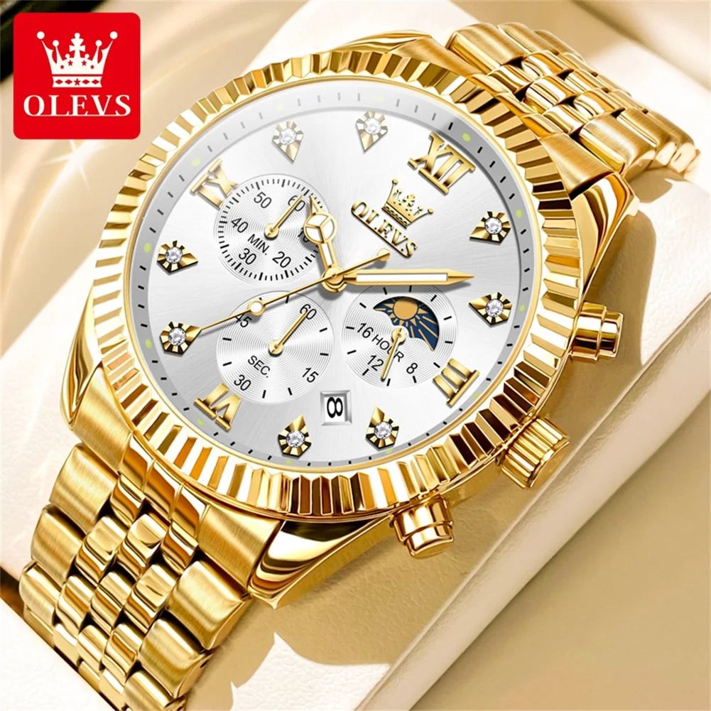 OLEVS Mens Luxury Calendar Quartz Watch with Moon Phase Feature