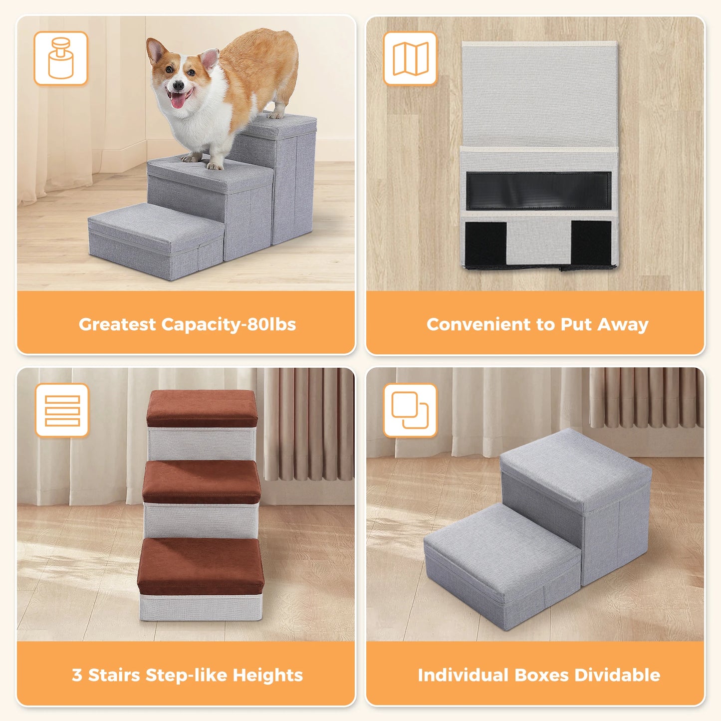 Three Tier Foldable Dog Stairs With Storage Non Slip Ramp