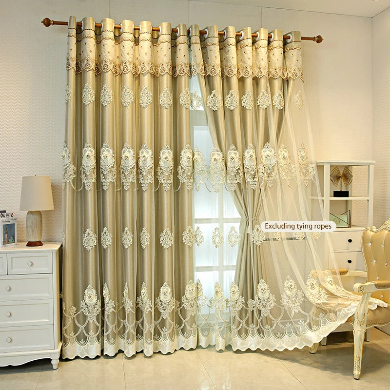 Elegant Double Layer Curtains With 3D Embroidered Detailing
