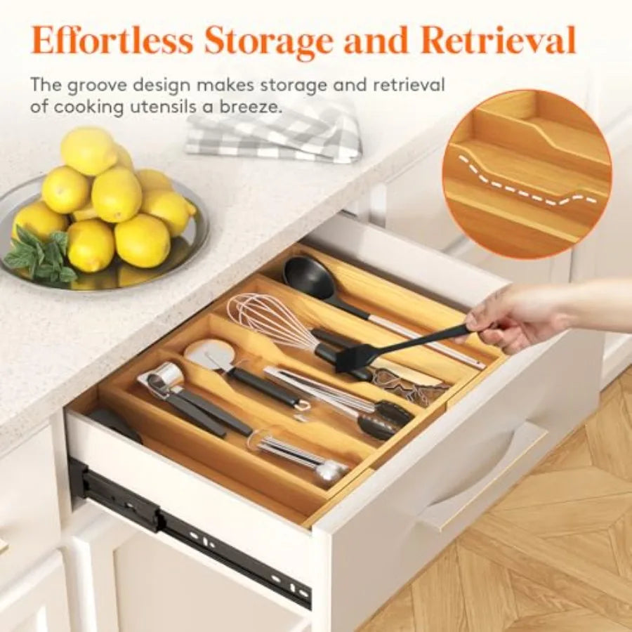 Expandable Bamboo Utensil Organizer for Kitchen Drawer Storage
