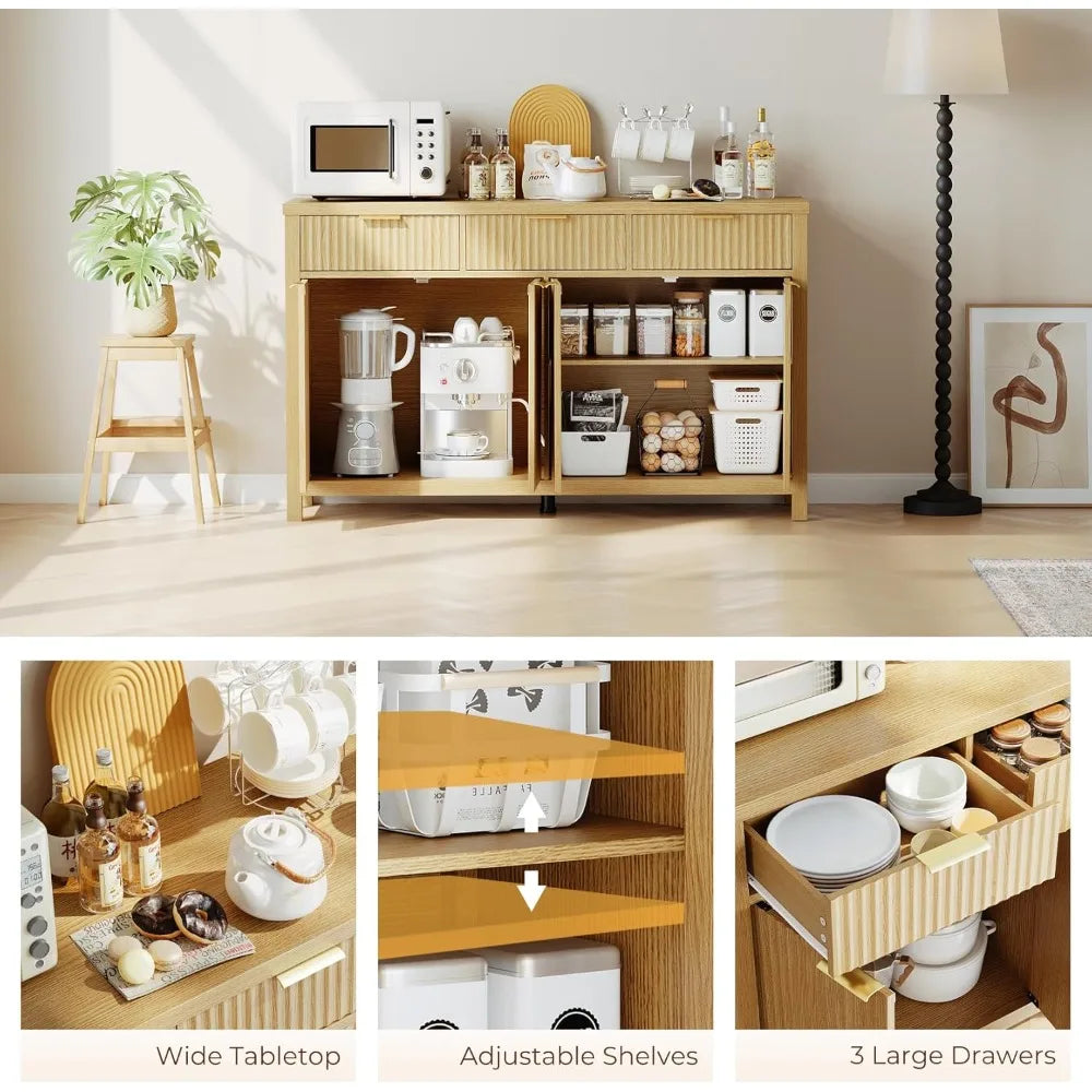 Fluted Buffet Sideboard With Drawers For Home Bar Storage