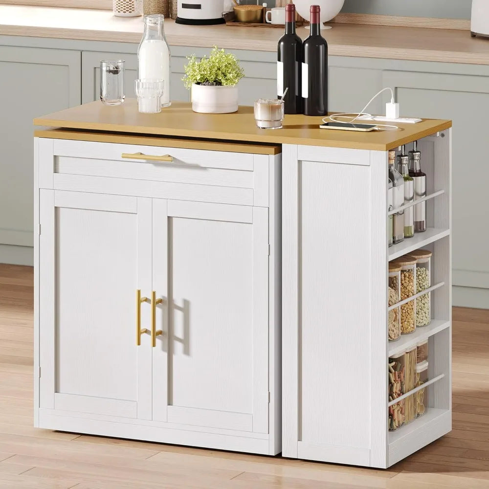 Modern Kitchen Island With Extendable Dining Table And Rolling Storage