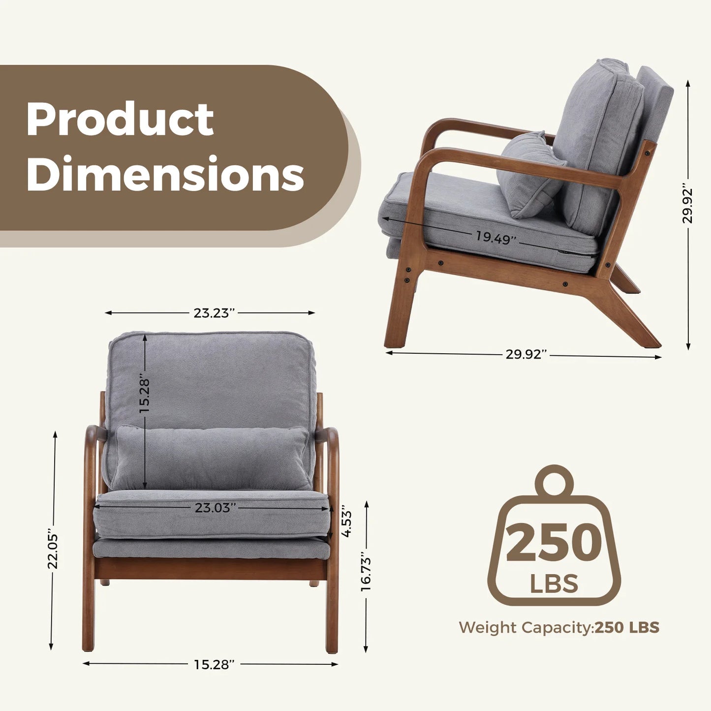 JHK Mid Century Modern Wooden Frame Accent Chair With Arms