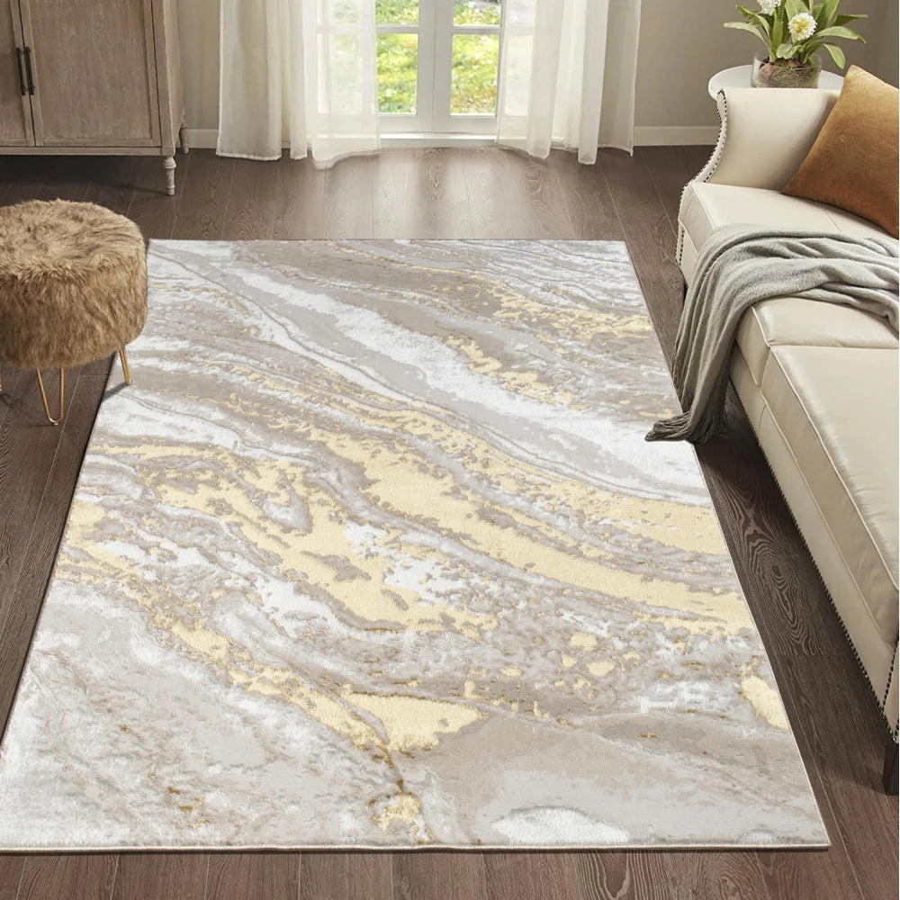 Adina Luxury Area Rug in Beige and Gold Abstract Design